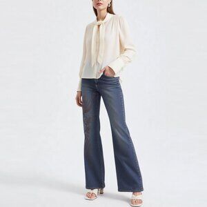 Y London Stretch Flare Jeans Flocked Velvet Design Denim Blue Zip Fly Retro 30